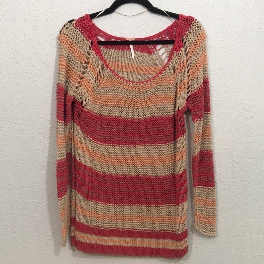 Free People Striped Open Weave Tape Yarn Round Neck Sweater Size M
